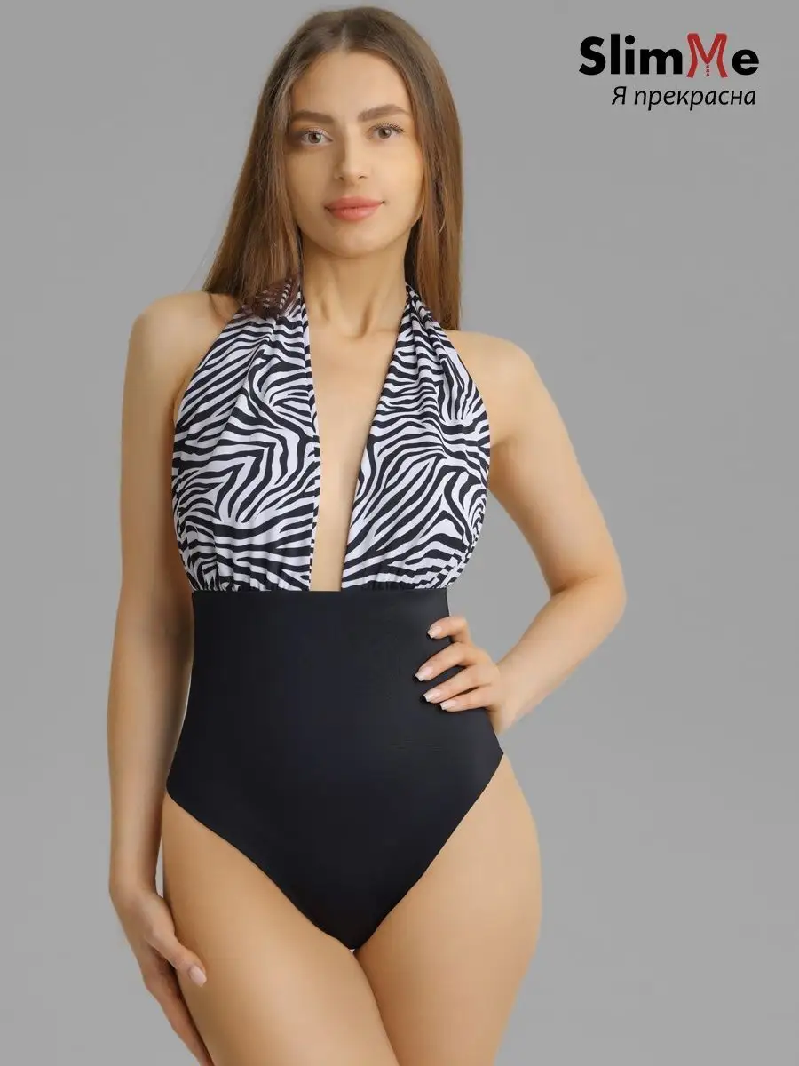 Купальник слитный утягивающий черный/белыйузор
