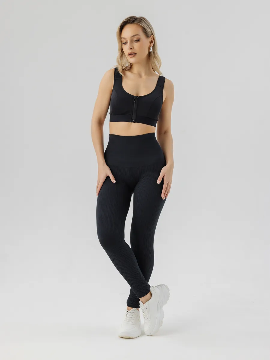 Лосины спортивные в рубчик плотные черный