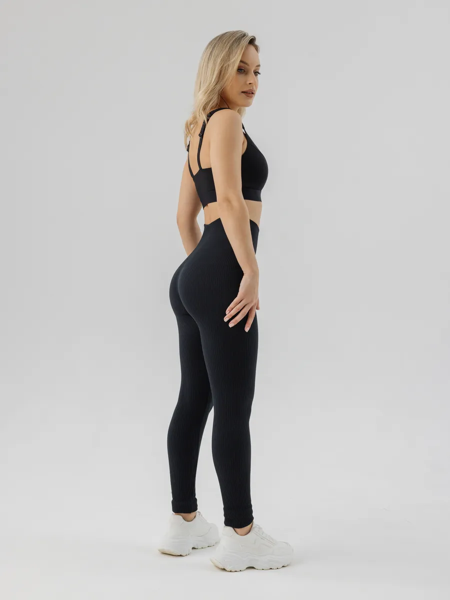 Лосины спортивные в рубчик плотные черный